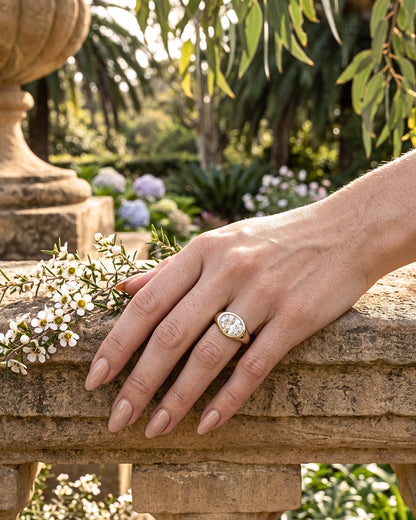 Trina: Oval East West Bezel Solitaire with Signet Band Moissanite Engagement Ring