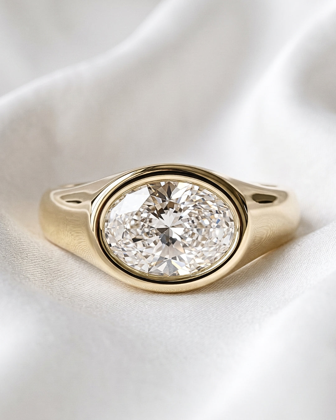 Trina: Oval East West Bezel Solitaire with Signet Band Moissanite Engagement Ring