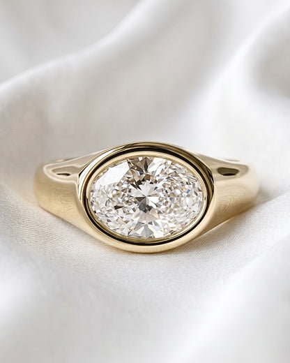 Trina: Oval East West Bezel Solitaire with Signet Band Moissanite Engagement Ring