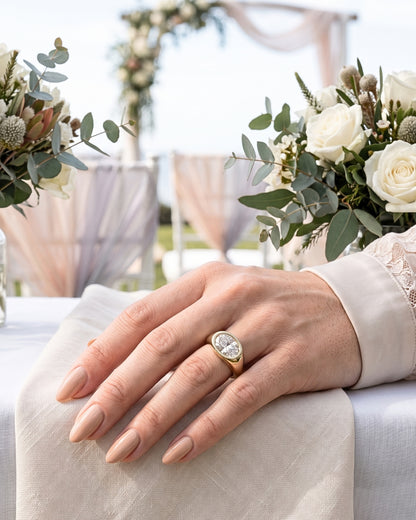 Trina: Oval East West Bezel Solitaire with Signet Band Moissanite Engagement Ring