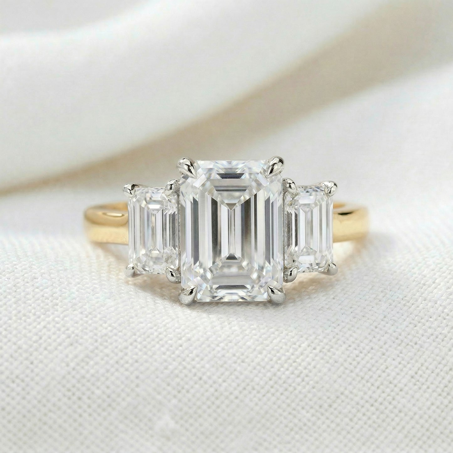 Emerald Platinum Trilogy Yellow Gold Band Moissanite Engagement Ring - Moissanite Engagement Rings