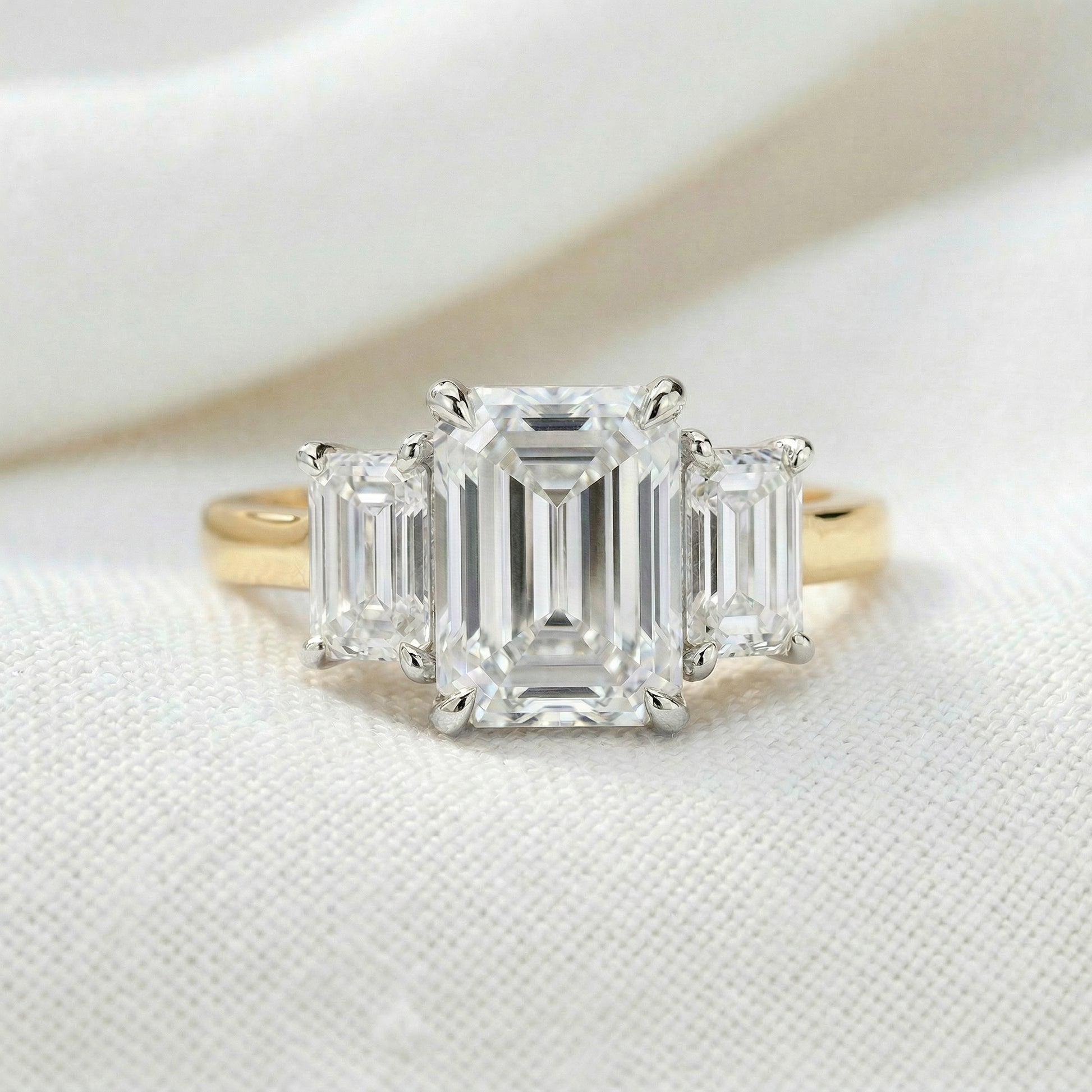 Emerald Platinum Trilogy Yellow Gold Band Moissanite Engagement Ring - Moissanite Engagement Rings