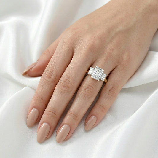 Emerald Platinum Trilogy Yellow Gold Band Moissanite Engagement Ring — Guthrie Jewellery