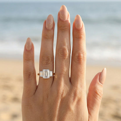 Emerald Platinum Trilogy Yellow Gold Band Moissanite Engagement Ring - Moissanite Engagement Rings