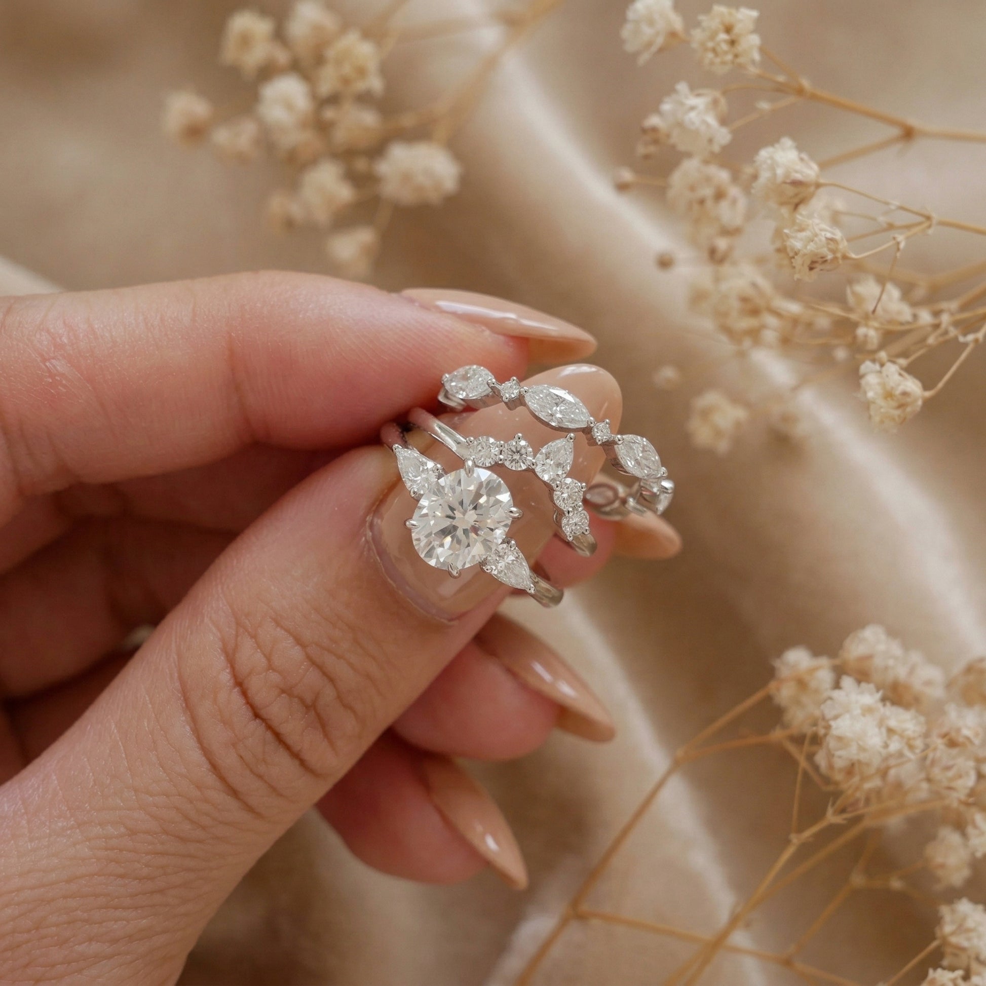 Curved Cluster Diamond Wedding Band - Moissanite Engagement Rings