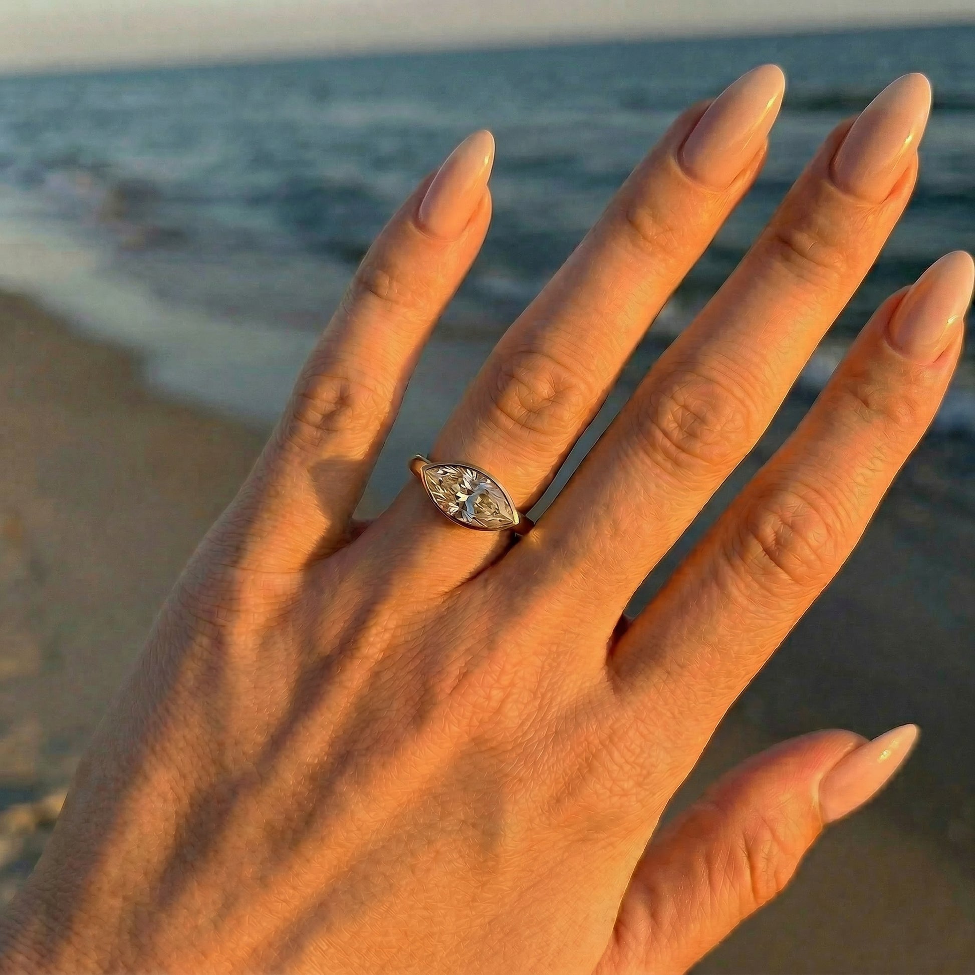 East West Bezel Marquise Solitaire Diamond Engagement Ring - Moissanite Engagement Rings