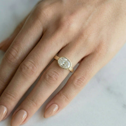 East West Bezel Oval Solitaire Diamond Engagement Ring - Moissanite Engagement Rings