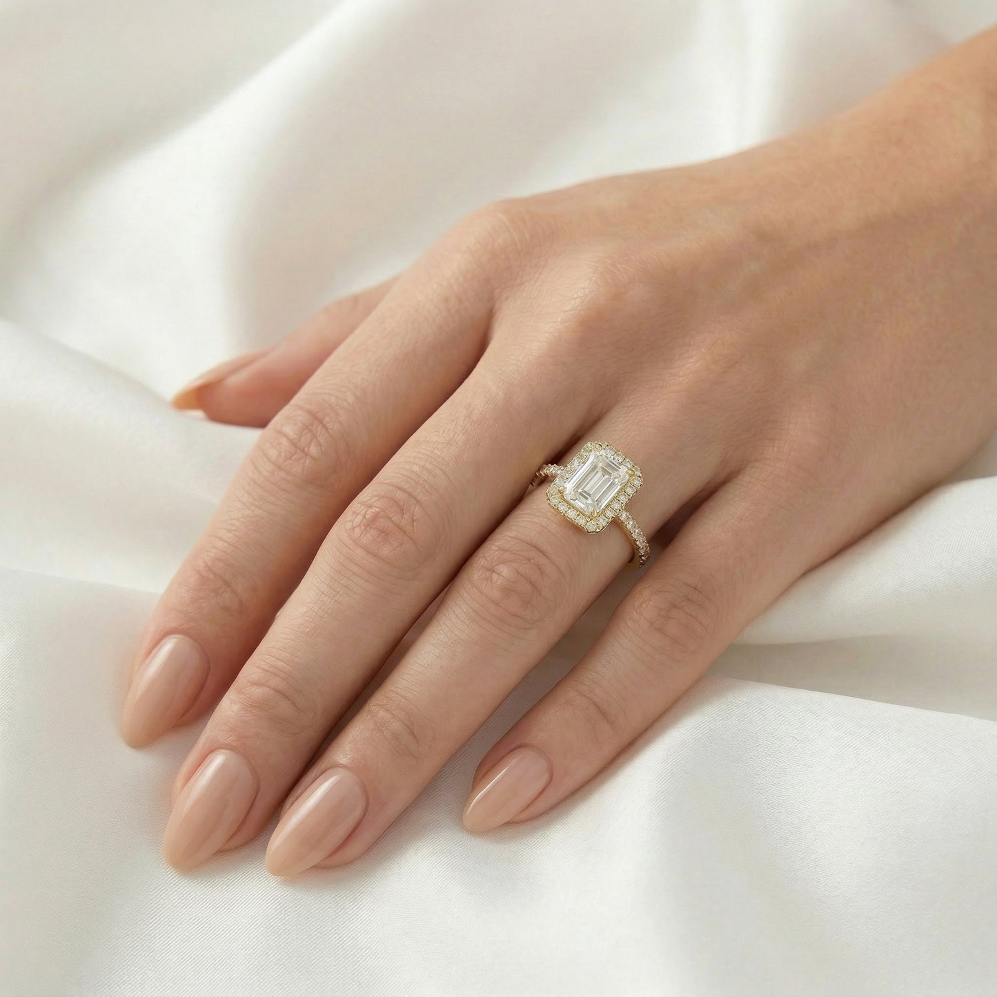 Emerald Halo Half Pavé Diamond Engagement Ring