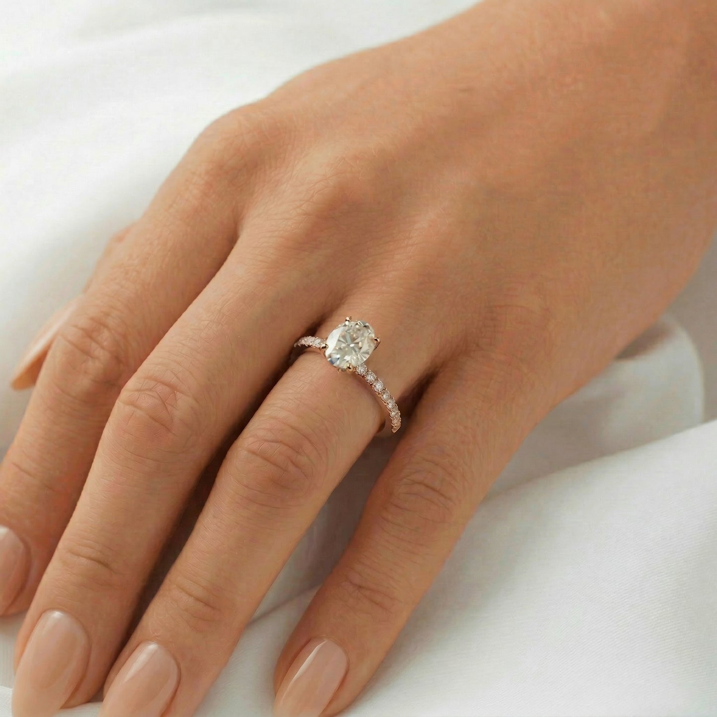 Oval Half Pavè Hidden Halo Diamond Engagement Ring - Moissanite Engagement Rings