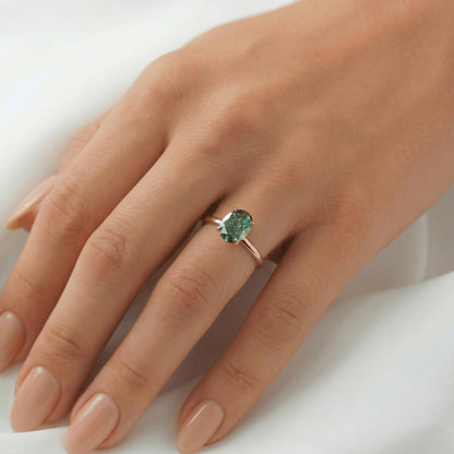 Oval Solitaire Blue - Green Emerald Moissanite Engagement Ring - Moissanite Engagement Rings