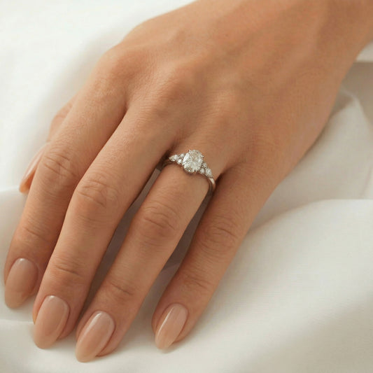 Oval Trio Accent Stones Moissanite Engagement Ring - Moissanite Engagement Rings
