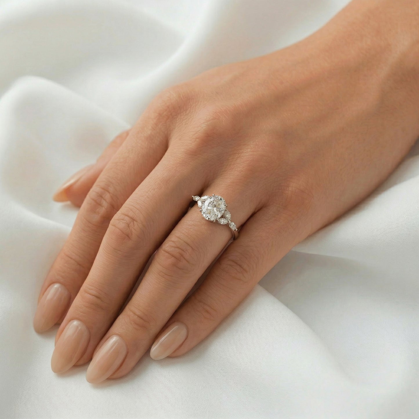 Oval Triple Marquise Accent Stones Diamond Engagement Ring - Moissanite Engagement Rings