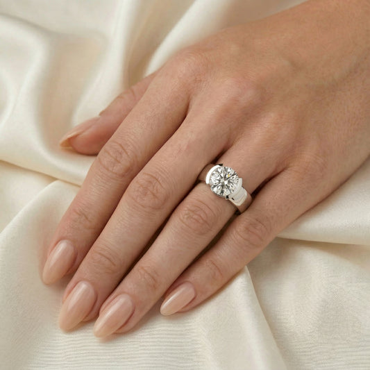 Round Half Bezel Solitaire Moissanite Engagement Ring