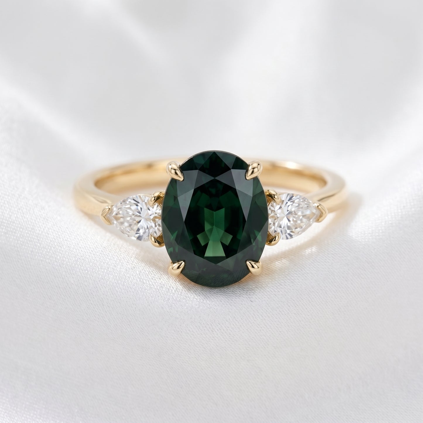 Oval Green Moissanite with Pear Accent Stones - Moissanite Engagement Rings
