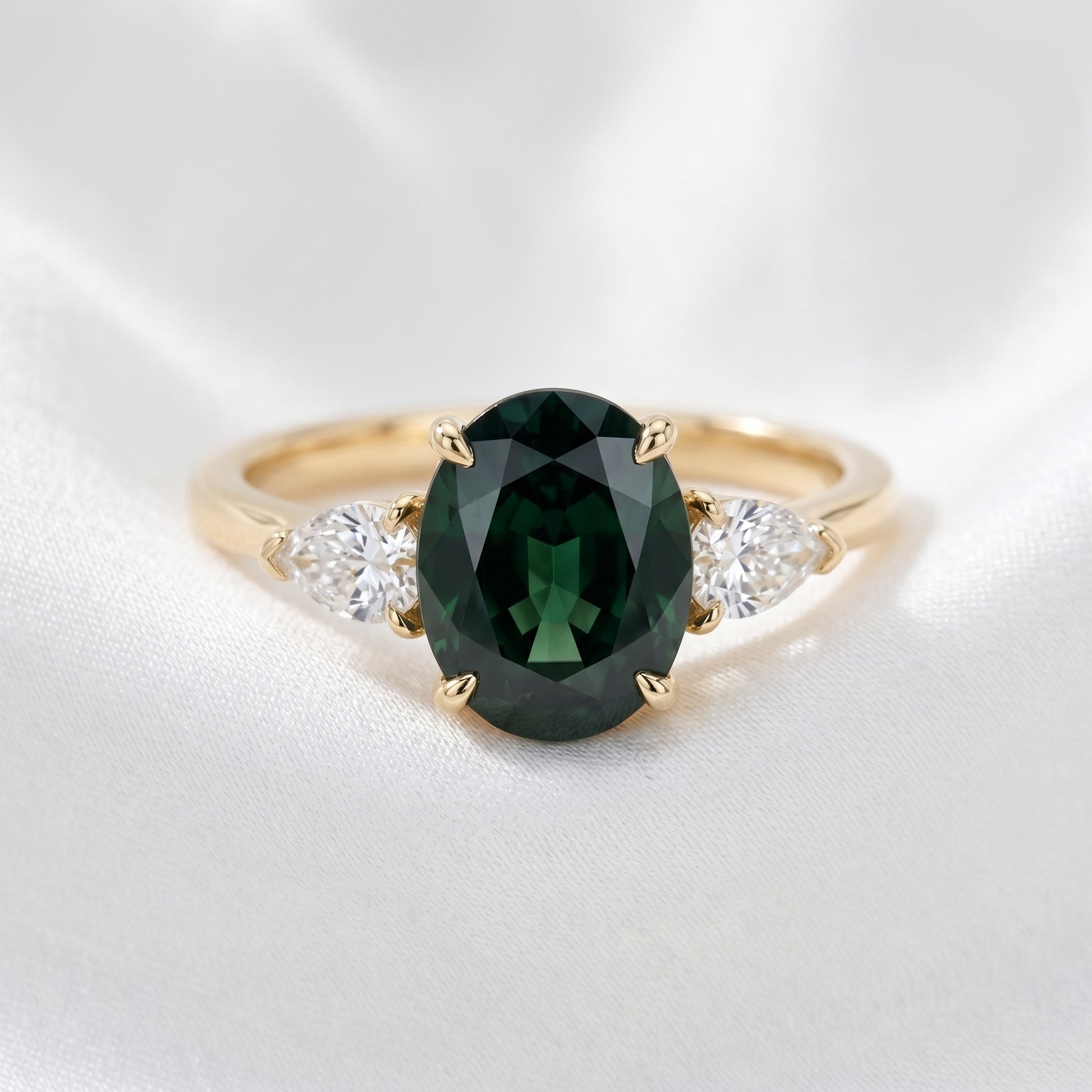 Oval Green Moissanite with Pear Accent Stones - Moissanite Engagement Rings