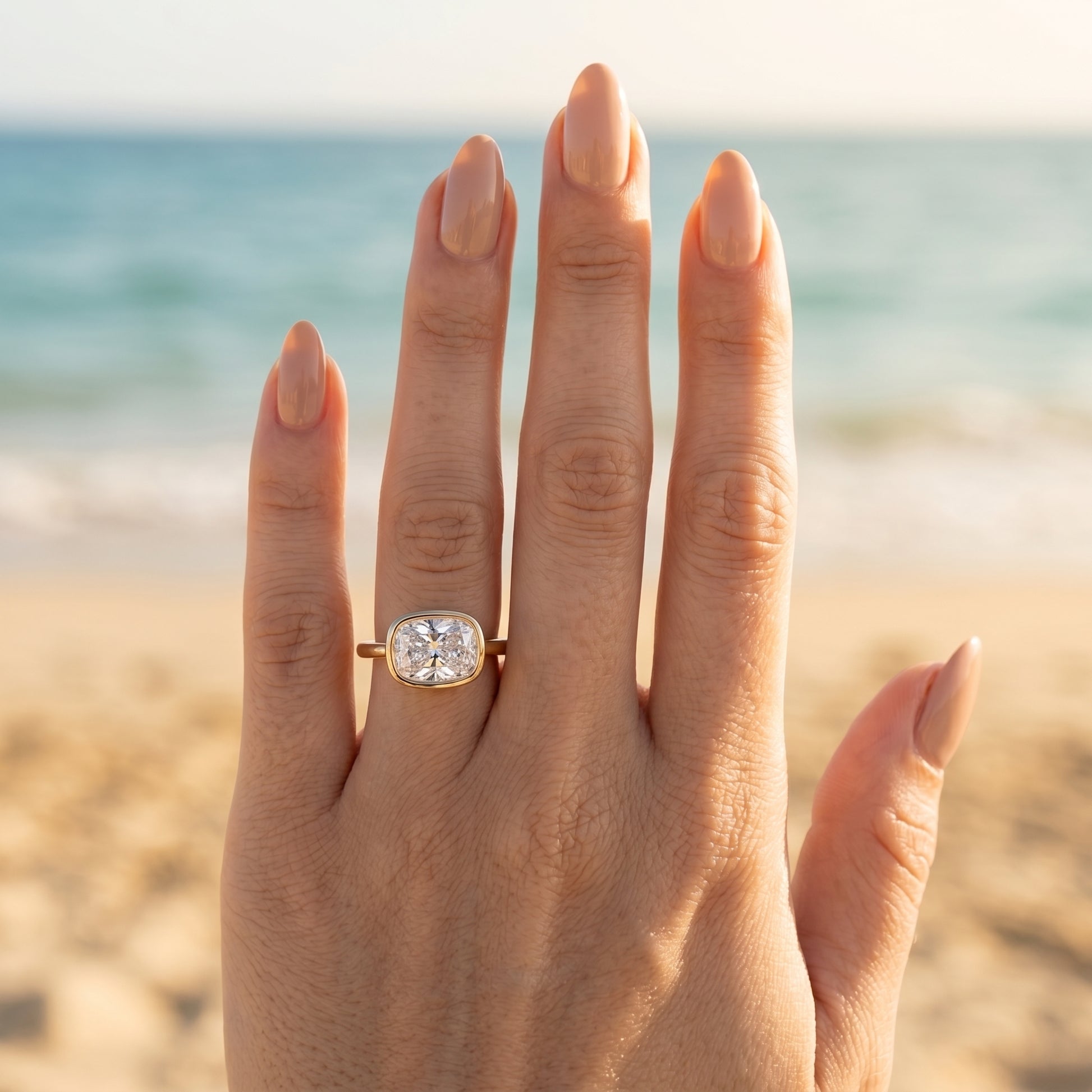 East West Bezel Elongated Cushion Moissanite Engagement Ring - Moissanite Engagement Rings