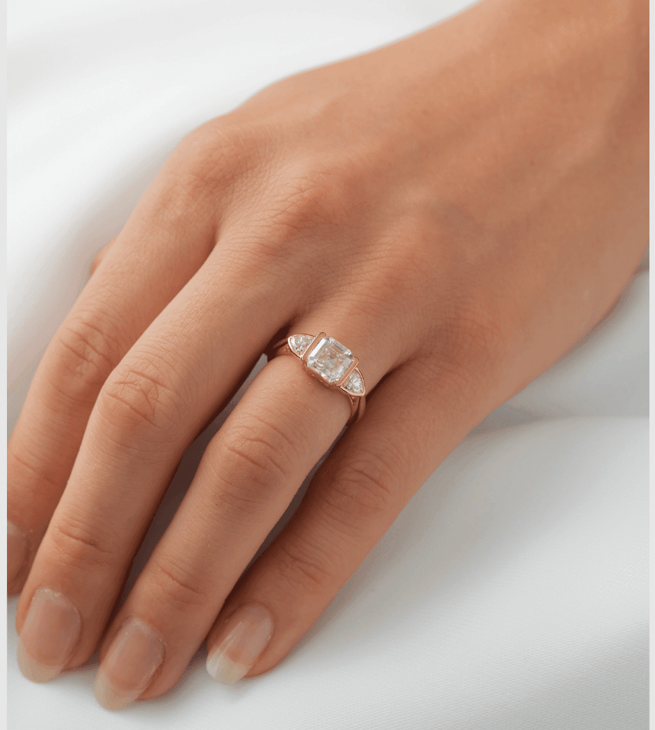 Asscher Trilogy Diamond Engagement Ring - Moissanite Engagement Rings