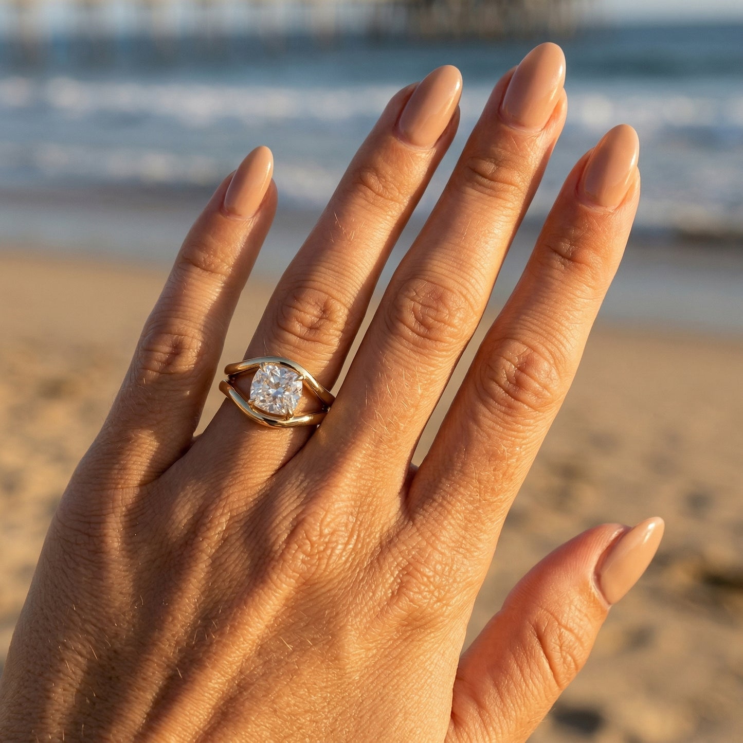 Cushion Cut with Curved Bypass Moissanite Engagement Ring