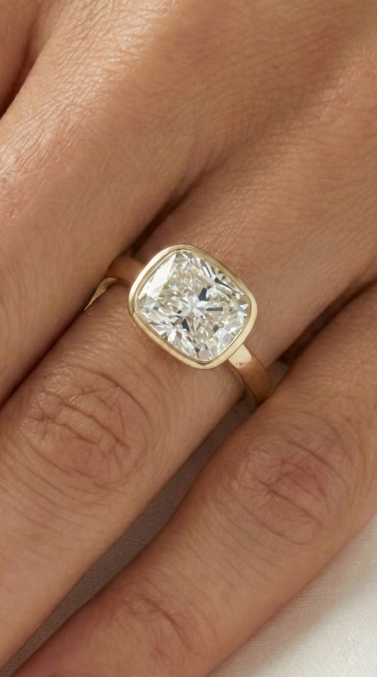 East West Bezel Cushion Solitaire Diamond Engagement Ring