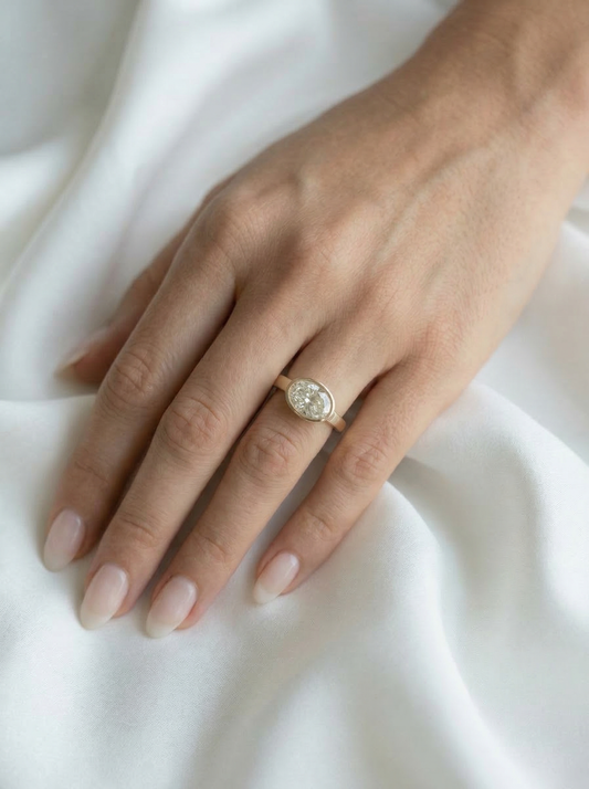 East West Bezel Oval Solitaire Moissanite Engagement Ring