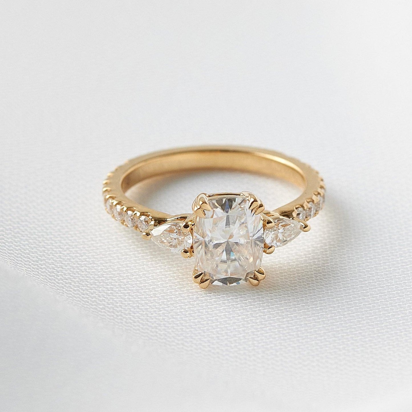 Elongated Cushion Cut Moissanite, Pear Side Stone Setting: 2/3 Pavé Ring - Ready To Ship - Moissanite Engagement Rings