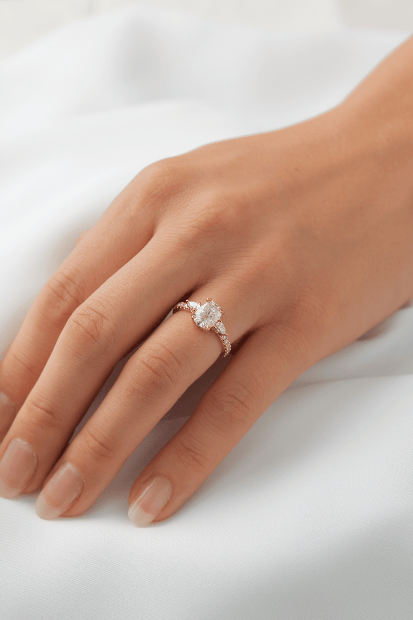 Elongated Cushion Cut Moissanite, Pear Side Stone Setting: 2/3 Pavé Ring - Ready To Ship - Moissanite Engagement Rings