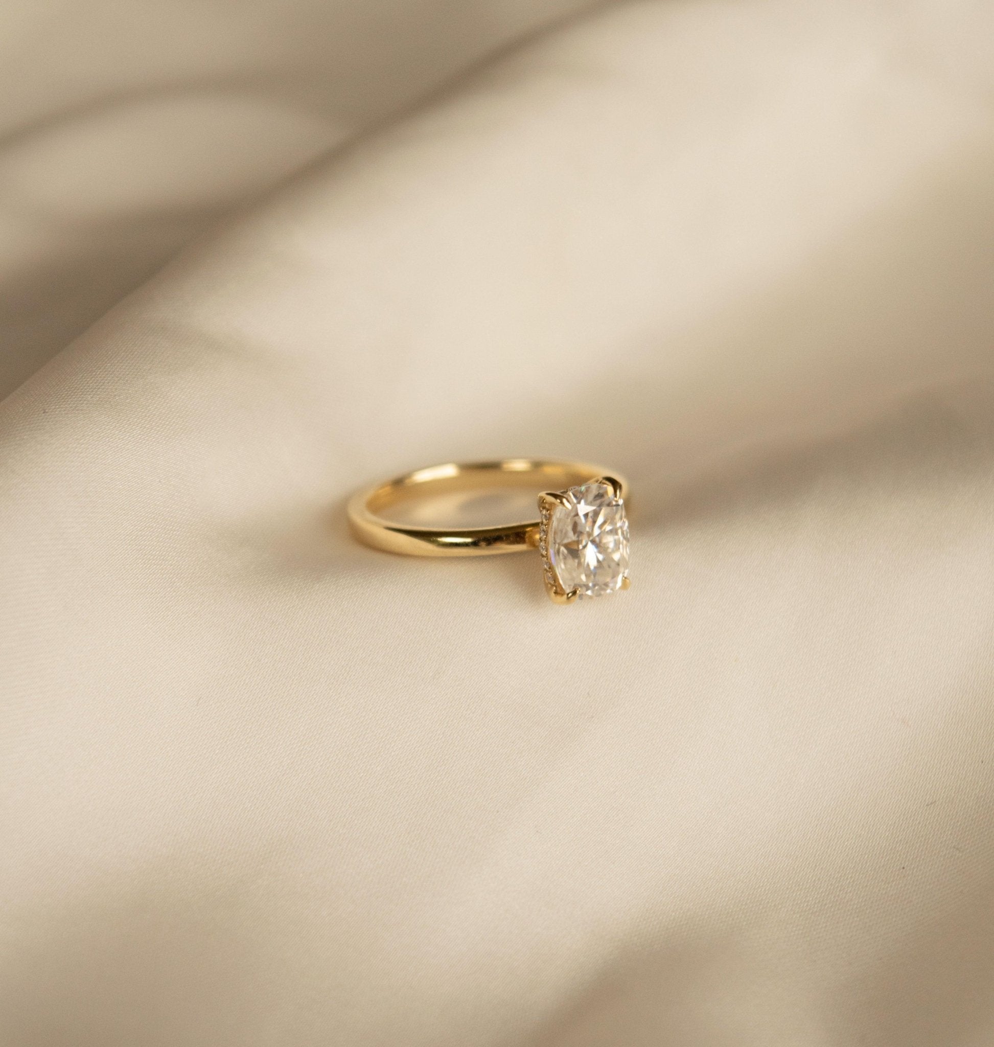 Elongated Cushion Hidden Halo Diamond Engagement Ring - Moissanite Engagement Rings