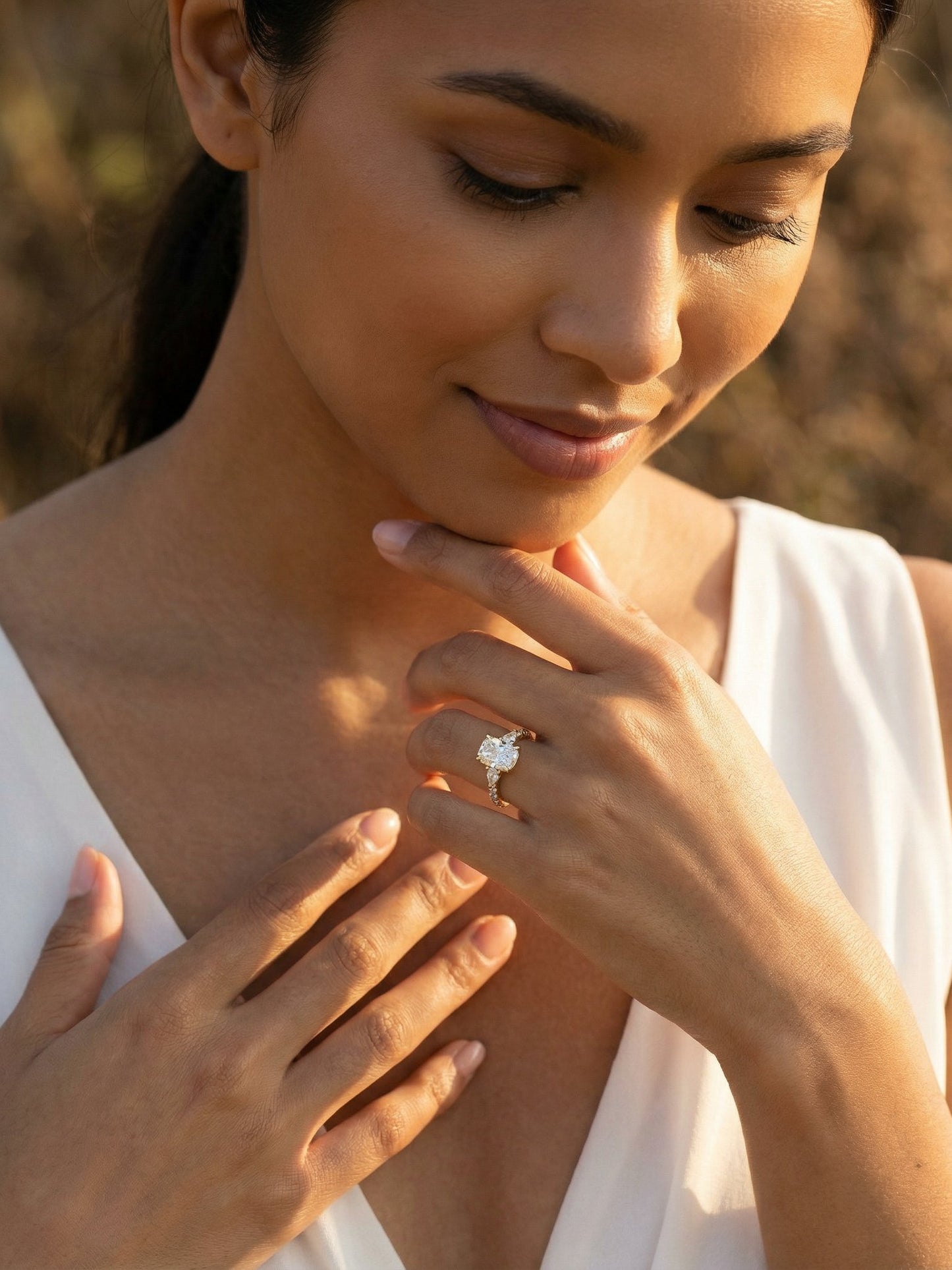 Elongated Cushion Pear Setting 2/3 Pavé Moissanite Engagement Ring