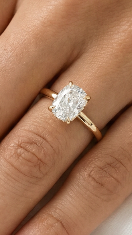 Elongated Cushion Solitaire Diamond Engagement Ring