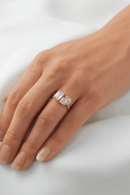 Emerald & Pear Cut Two - Stone Moissanite Engagement Ring - Ready To Ship - Moissanite Engagement Rings