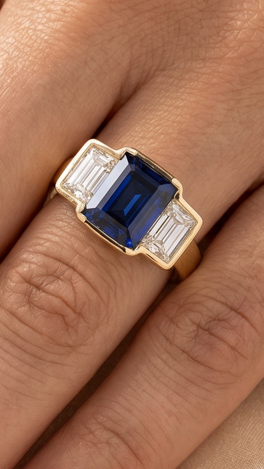 Emerald Blue Trilogy Moissanite Engagement Ring