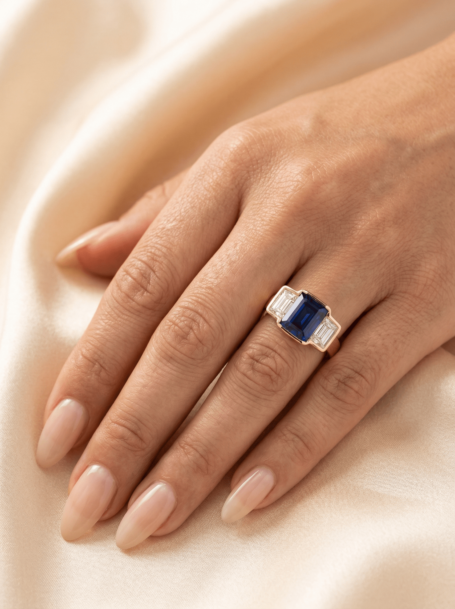 Emerald Blue Trilogy Moissanite Engagement Ring — Guthrie Jewellery
