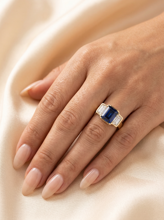 Emerald Blue Trilogy Moissanite Engagement Ring