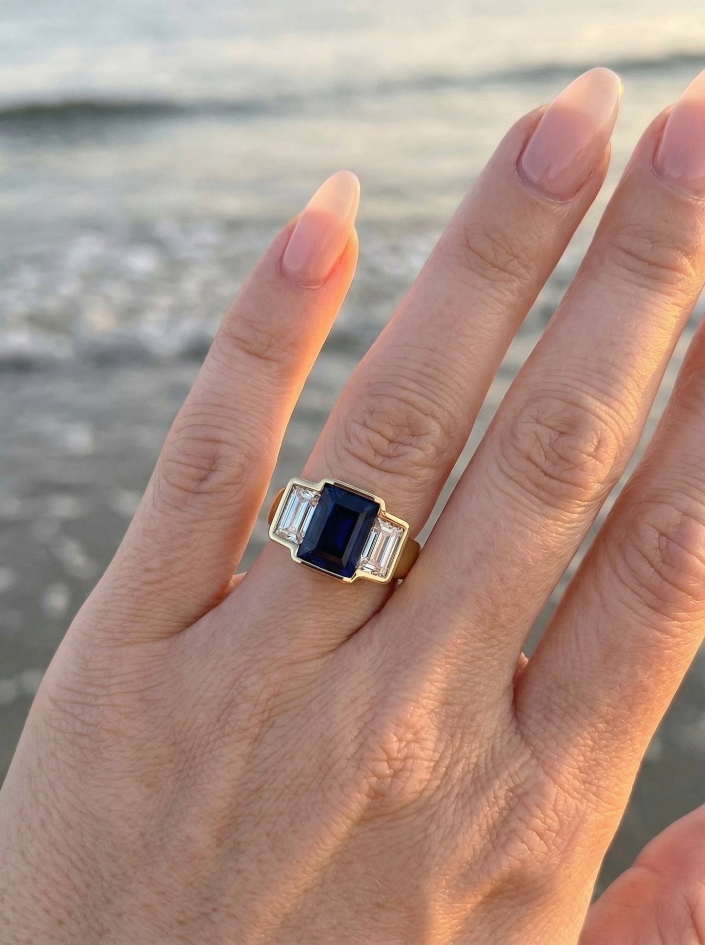 Emerald Blue Trilogy Moissanite Engagement Ring - Moissanite Engagement Rings