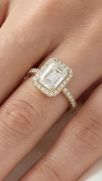 Emerald Halo Half Pavé Diamond Engagement Ring