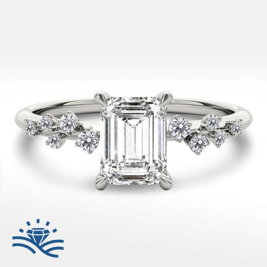 Emerald with Side Stones Solitaire Moissanite Engagement Ring - Moissanite Engagement Rings