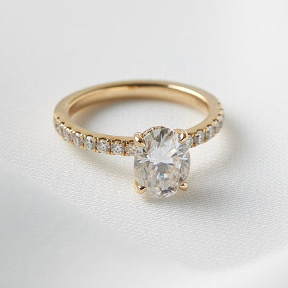 Oval 4 Claw Half Pavè Hidden Halo Moissanite Engagement Ring - Ready To Ship - Moissanite Engagement Rings