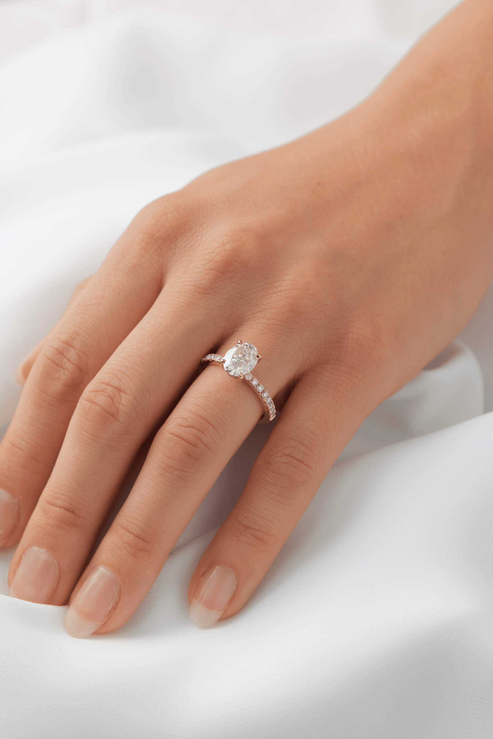 Oval 4 Claw Half Pavè Hidden Halo Moissanite Engagement Ring - Ready To Ship - Moissanite Engagement Rings