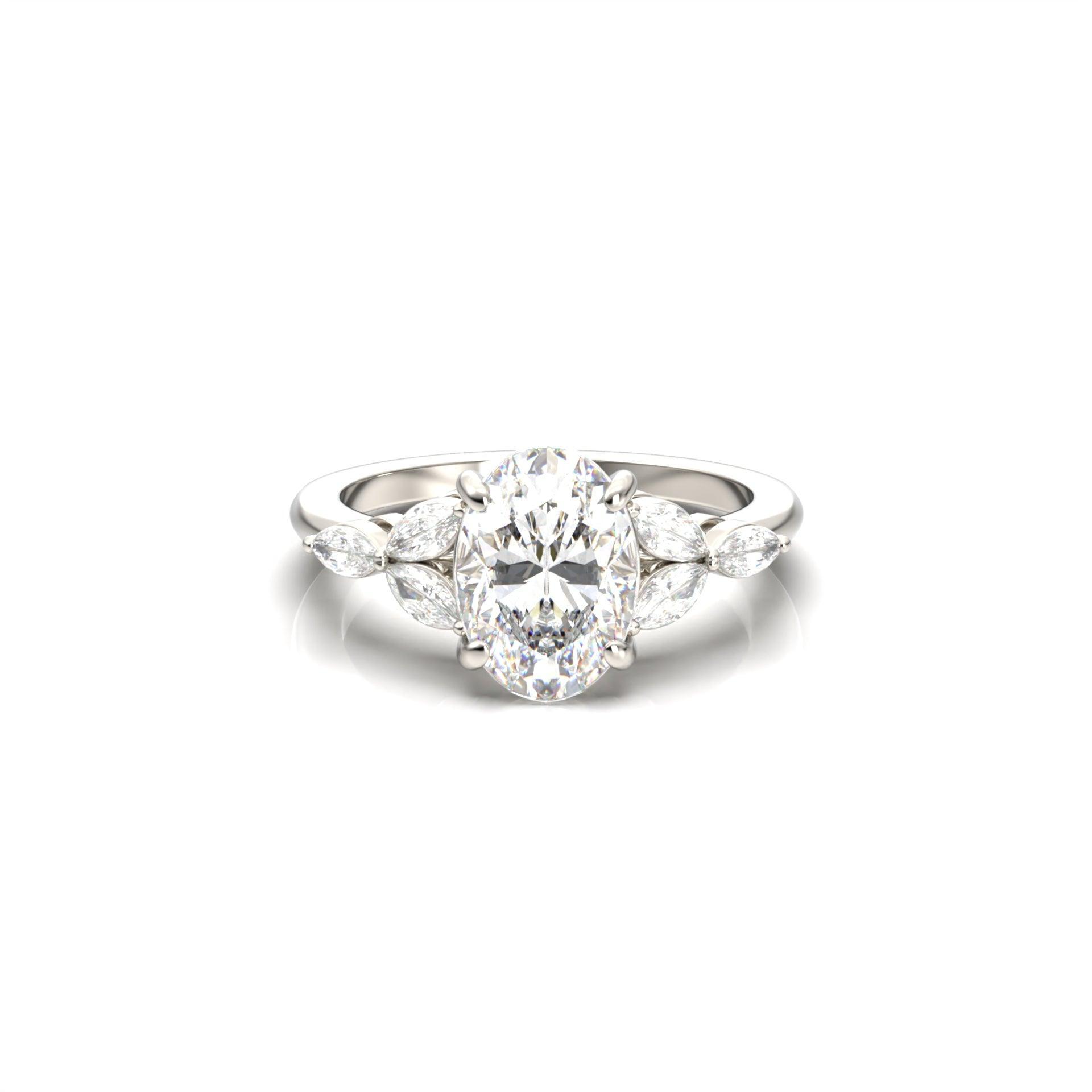 Oval Cut 4 Claw Triple Marquise Accent Stones Moissanite Engagement Ring - moissaniteengagementrings