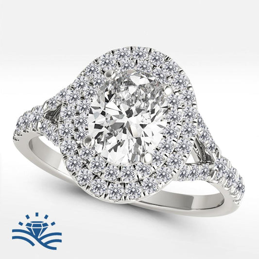 Oval Double Halo Split Band Half Pavé Moissanite Engagement Ring - Moissanite Engagement Rings