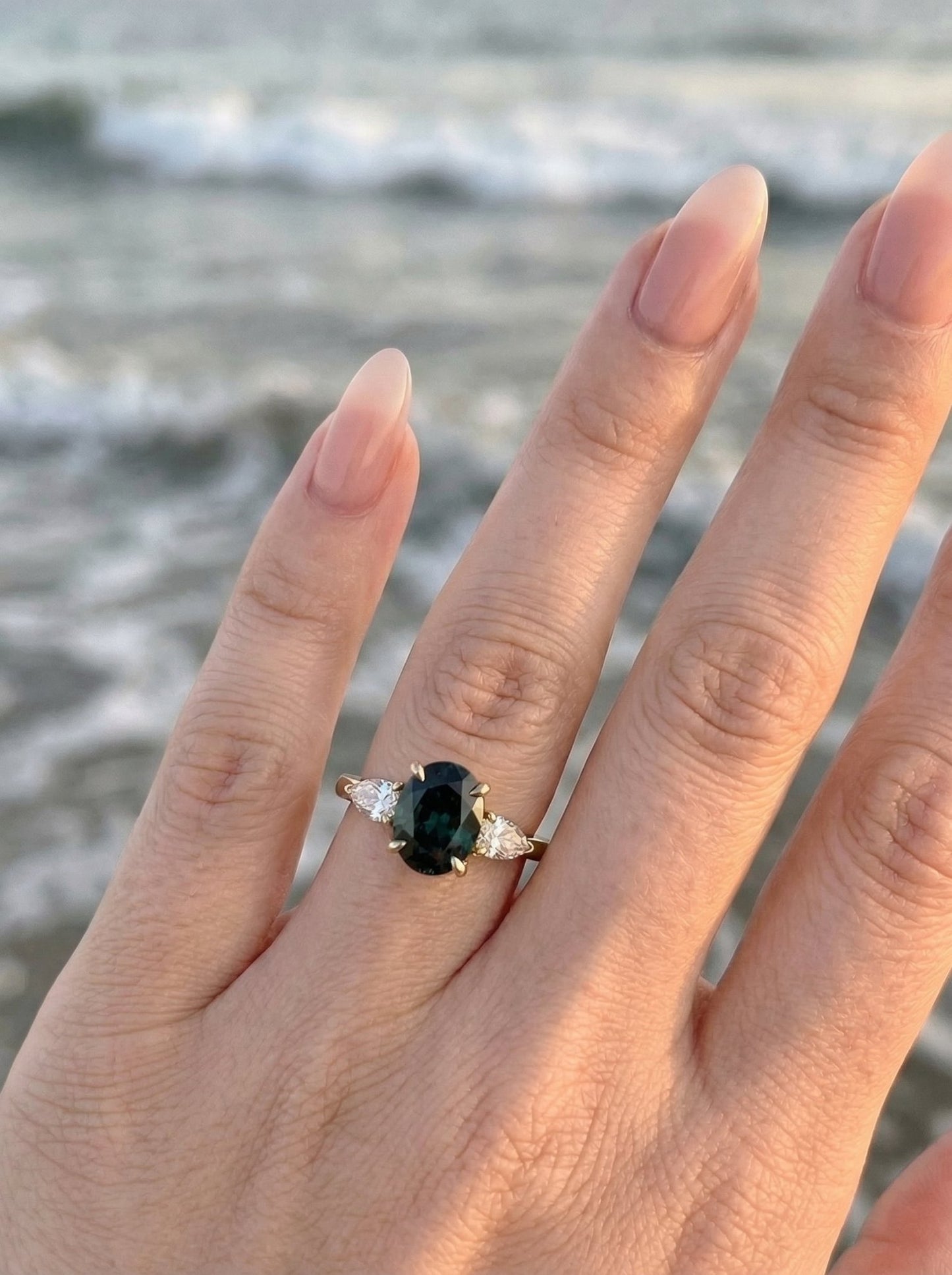 Oval Green Moissanite with Pear Accent Stones - Moissanite Engagement Rings