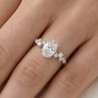 Oval Side Stone Moissanite Engagement Ring - Moissanite Engagement Rings