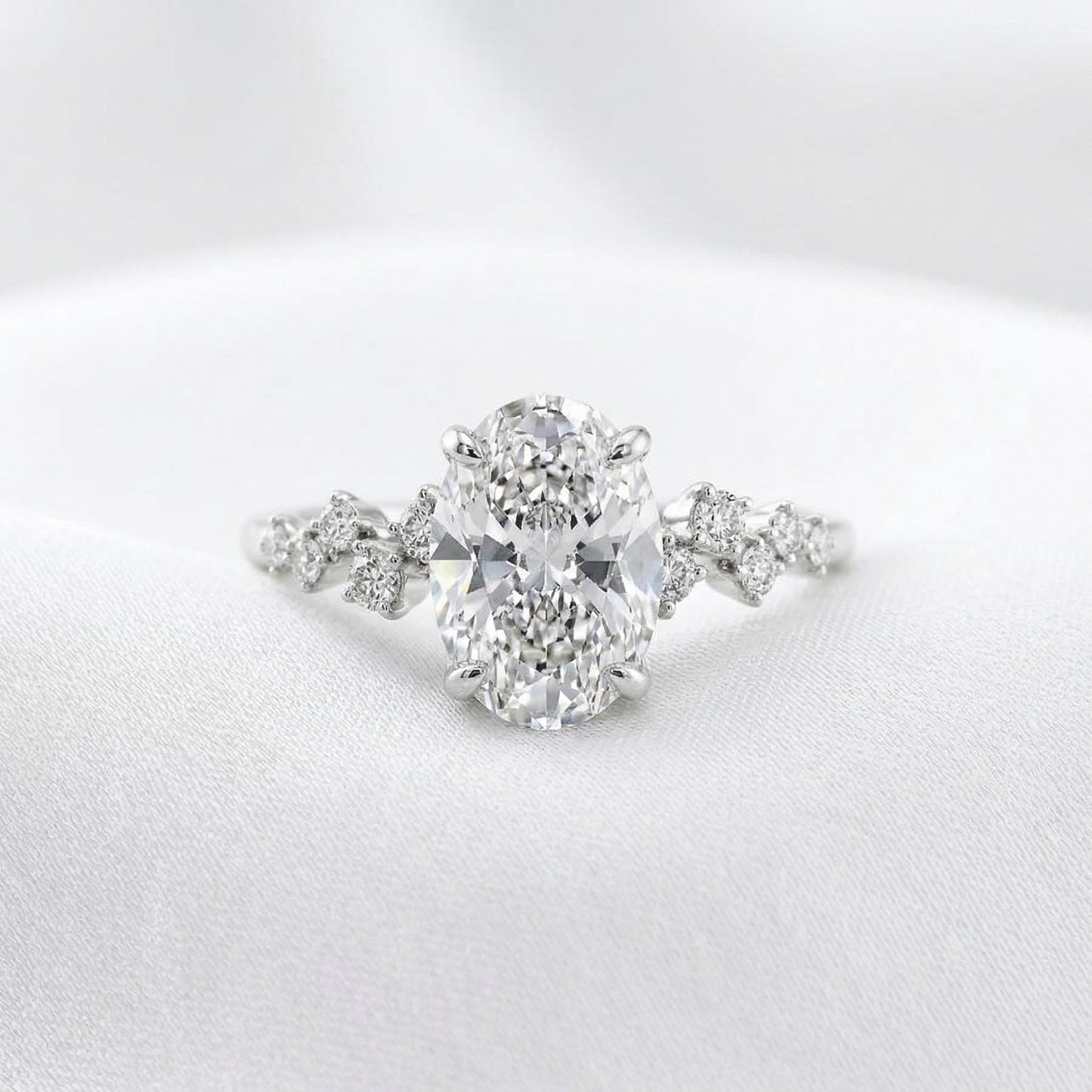Oval Side Stone Moissanite Engagement Ring - Moissanite Engagement Rings