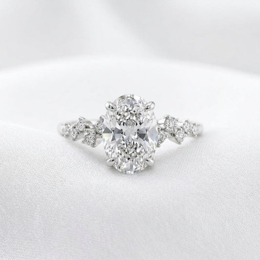 Oval Side Stone Moissanite Engagement Ring - Moissanite Engagement Rings