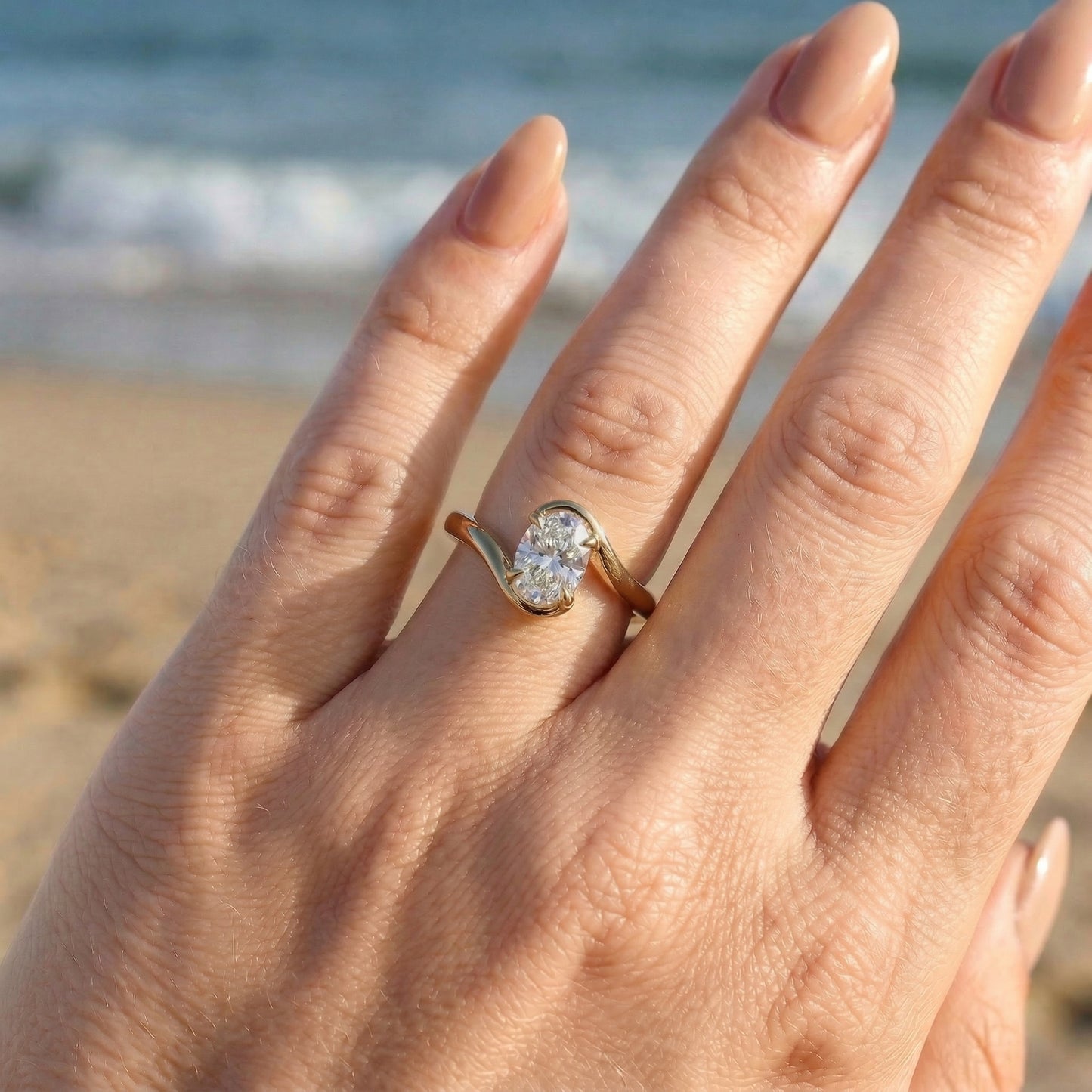 Oval Solitaire Curved Band Moissanite Engagement Ring - Moissanite Engagement Rings