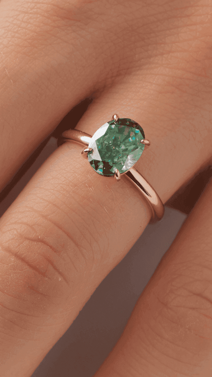 Oval Solitaire Blue - Green Emerald Moissanite Engagement Ring - Moissanite Engagement Rings