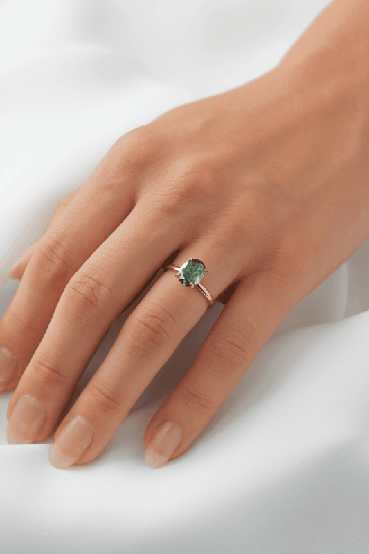 Oval Solitaire Blue-Green Emerald Moissanite Engagement Ring