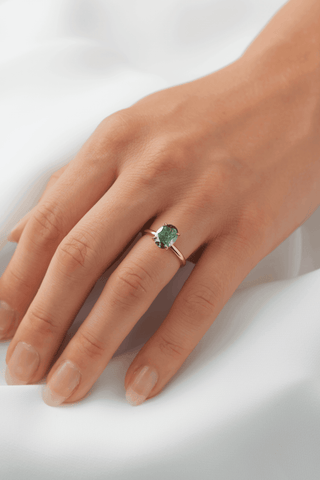 Oval Solitaire Blue-Green Emerald Moissanite Engagement Ring