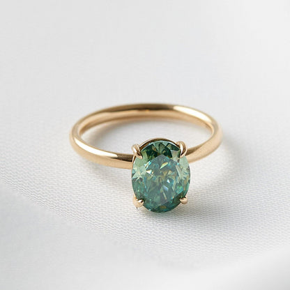 Oval Solitaire Blue - Green Emerald Moissanite Engagement Ring - Moissanite Engagement Rings