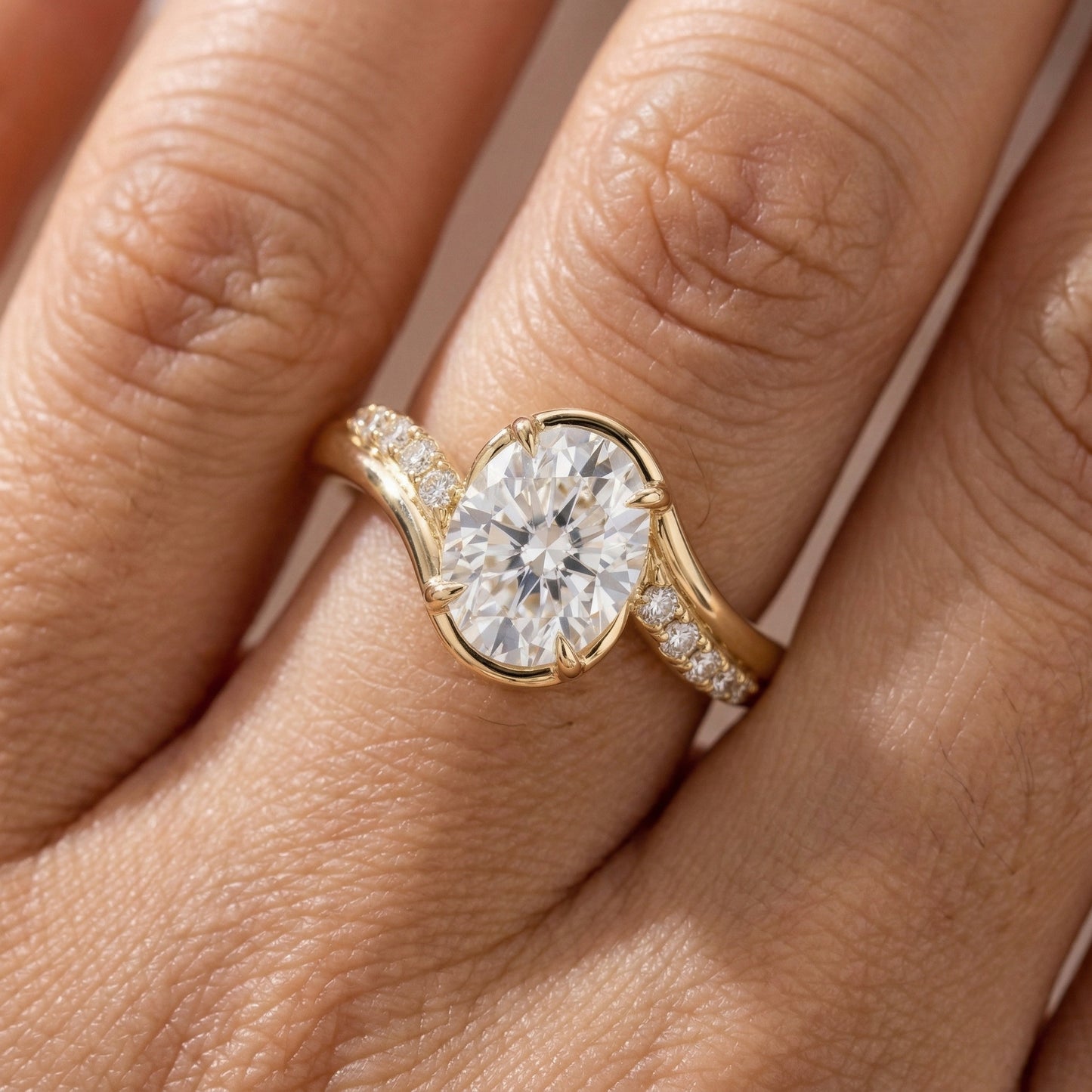 Oval Solitaire with Twisted Pavé Band Moissanite Engagement Ring - Moissanite Engagement Rings